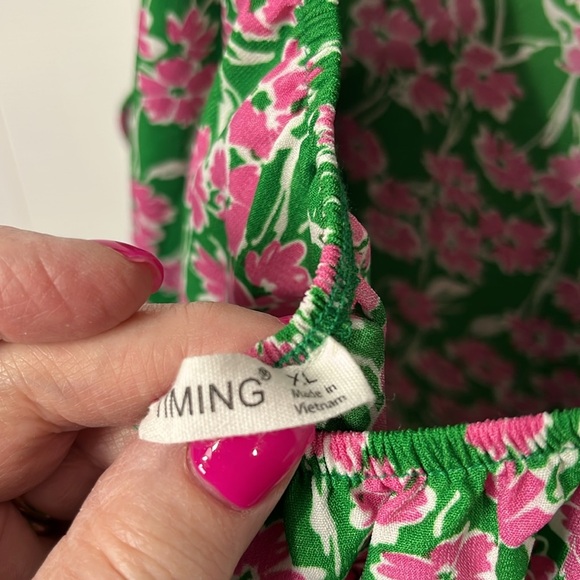 Timing Womens MIdi Dress XL Green Pink Floral Adj Straps Hi-Lo Hemline Open Back - Picture 8 of 14